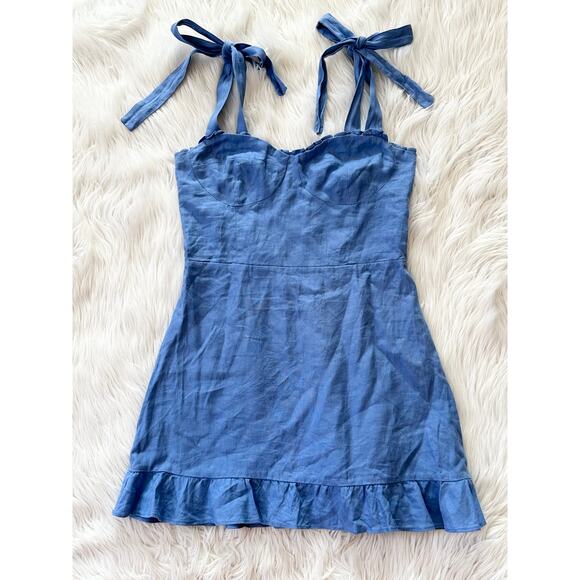 REFORMATION Desiree Linen Mini Dress Ruffle Sweetheart Bustier Tie Strap Blue - Picture 6 of 15